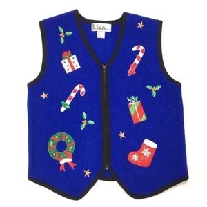 VINTAGE Christmas Vest 100% Boiled Wool Embroidered Zip Candy Canes Size Medium